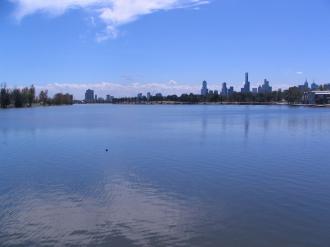 Albert Park lake. Melbourne skyline in the background.