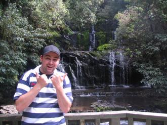 Jon Kitchen in front of the Purakenui Falls