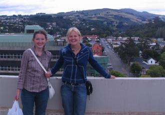 Yvette Absalom and Jenel Bode on top of the University of Otago Chemistry Department roof.